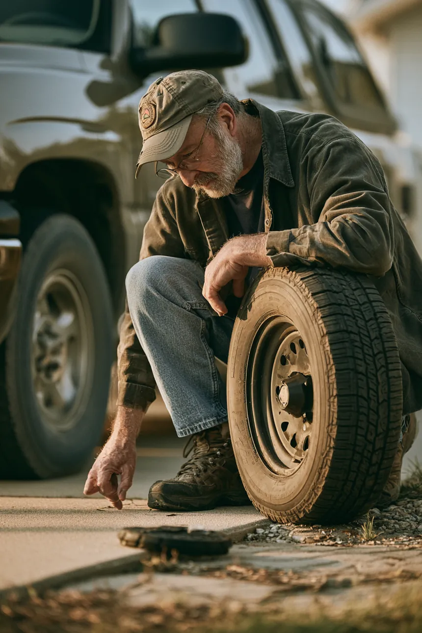 A driver checking tire tread before a repair