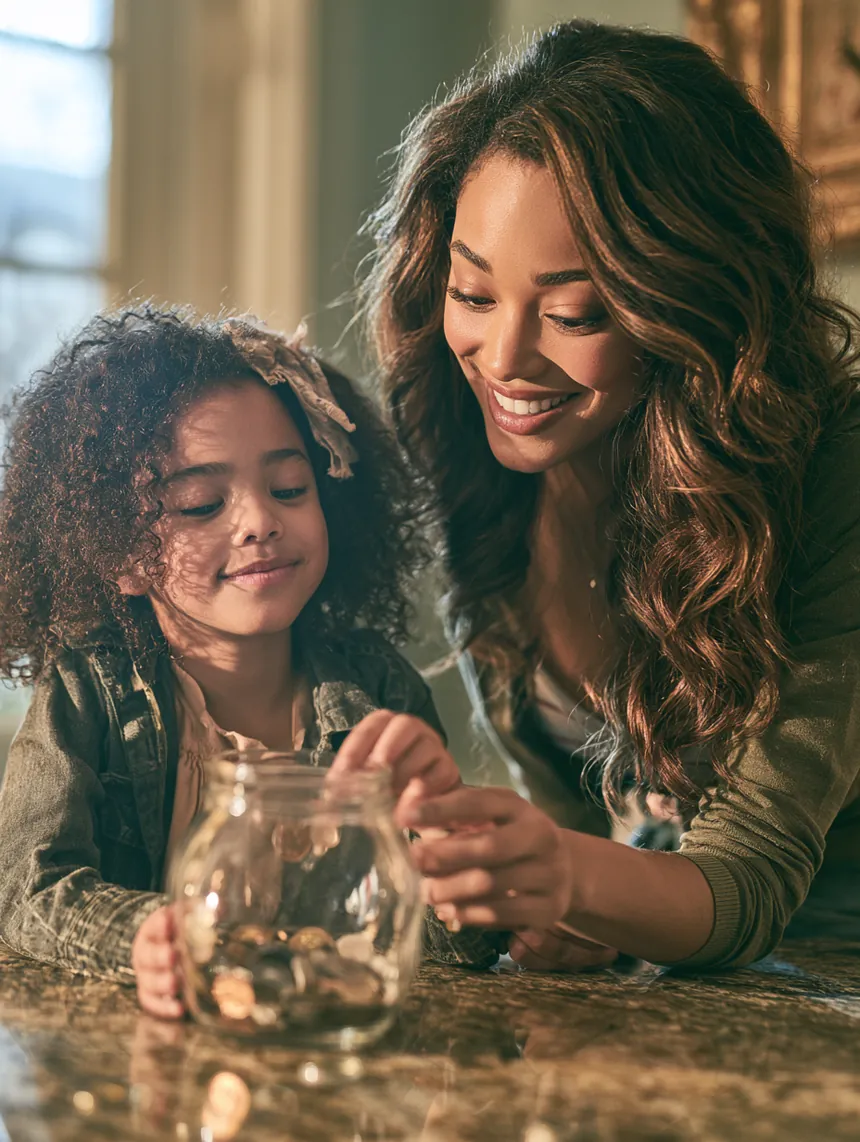 A parent and child planning holiday savings together