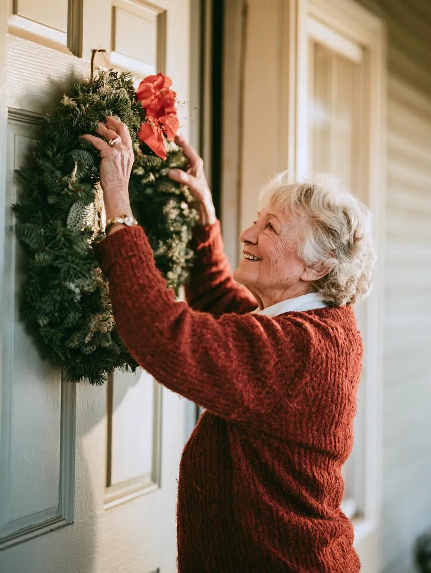 Hanging a wreath during the holiday season